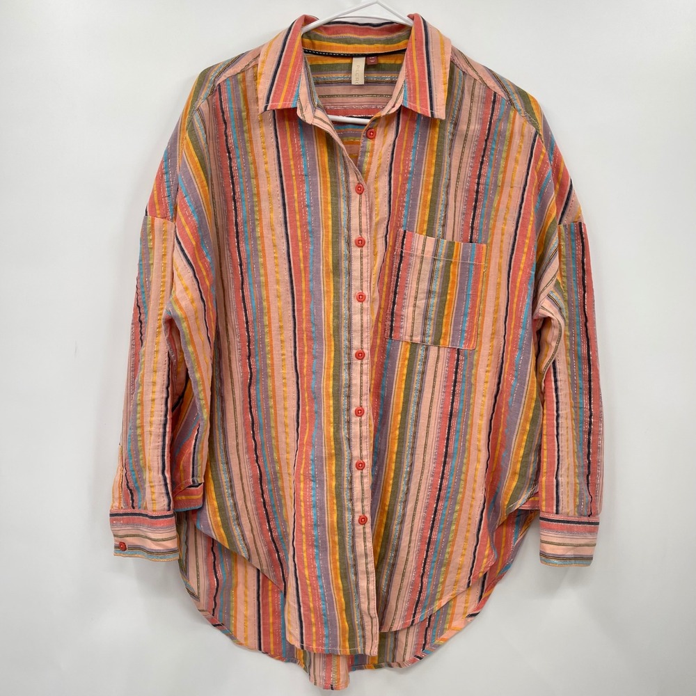 Pilcro Striped Metallic Button Down Shirt Women S M Pink Orange Blue Gold